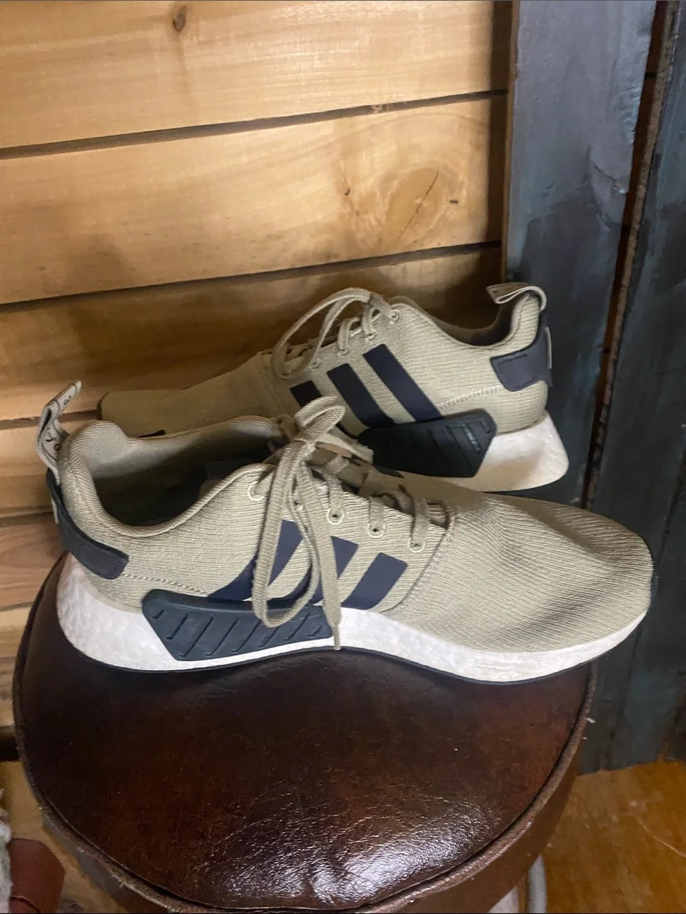 Adidas Men's light olive green Athletic Sneakers with black Stripes size 10